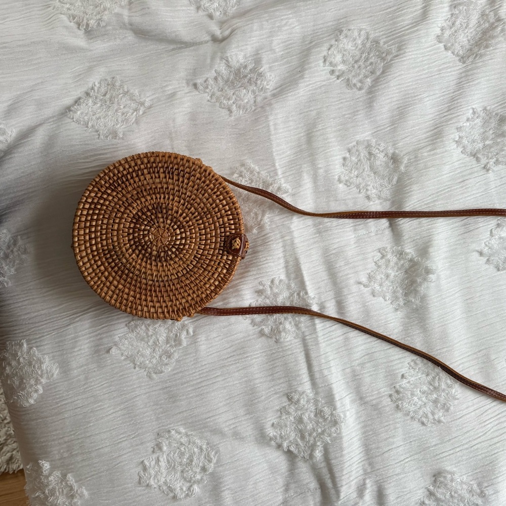 Round Brown Rattan Crossbody Bag with Adjustable Strap